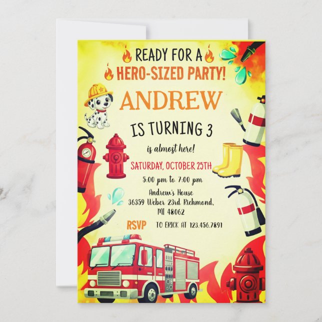 Custom Red Fire Truck Birthday Party Invitations (Front)