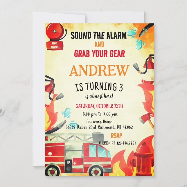 Custom Red Fire Truck Birthday Party Invitations (Front)