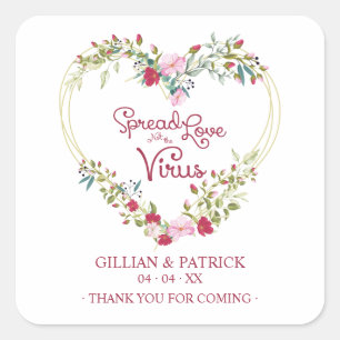 Custom Red Floral Heart Wedding Sanitizer Gel Square Sticker