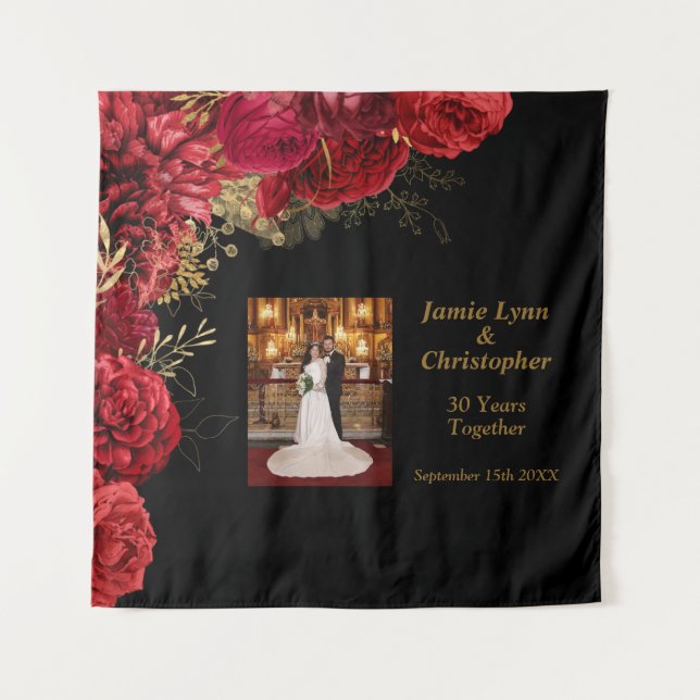 Custom Red Floral Wedding Anniversary Tapestry (Front)