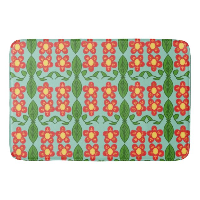 Custom Red Folk Art Flower & Leaf Pattern Bath Mat (Front)