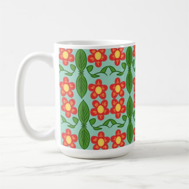 Custom Red Folk Art Flower & Leaf Pattern Coffee Mug (Left)
