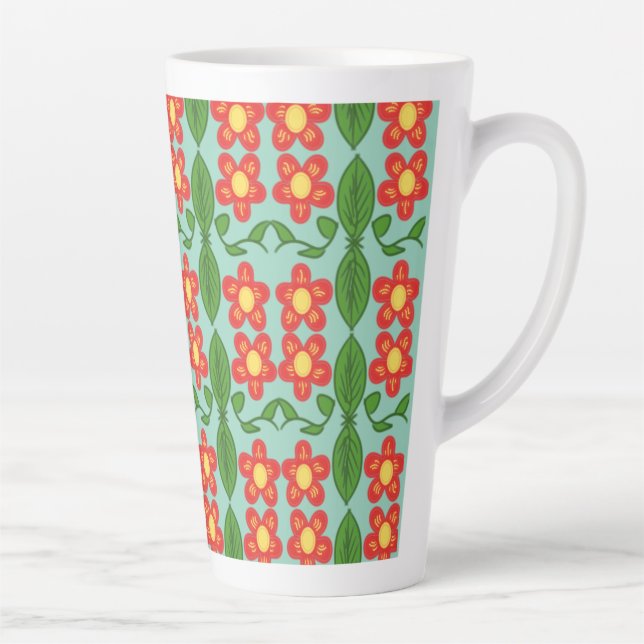 Custom Red Folk Art Flower & Leaf Pattern Latte Mug (Right)