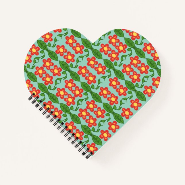 Custom Red Folk Art Flower & Leaf Pattern Notebook (Front)