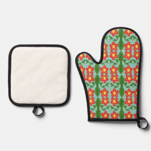 Custom Red Folk Art Flower & Leaf Pattern Oven Mitt & Pot Holder Set