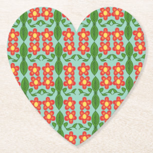 Custom Red Folk Art Flower & Leaf Pattern Paper Coaster