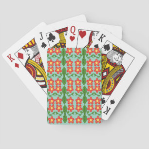Custom Red Folk Art Flower & Leaf Pattern Playing Cards
