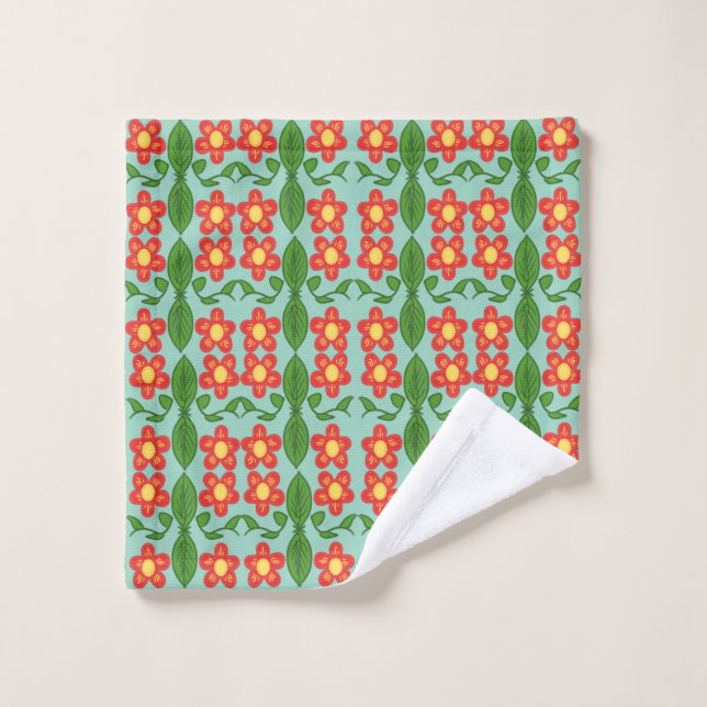 Custom Red Folk Art Flower & Leaf Pattern Wash Cloth (Wash Cloth)