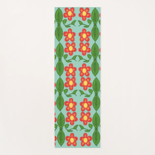 Custom Red Folk Art Flower & Leaf Pattern Yoga Mat
