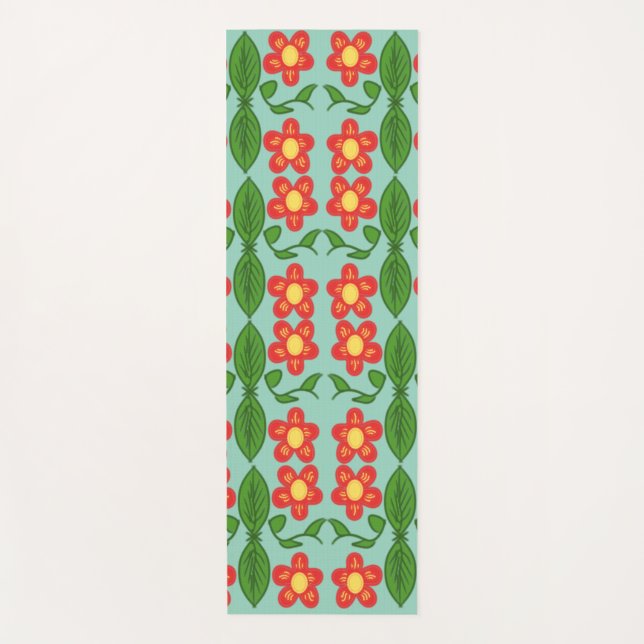 Custom Red Folk Art Flower & Leaf Pattern Yoga Mat (Front)