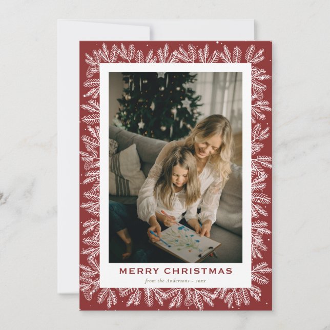 Custom Red Forest Pine Photo Christmas Holiday Card (Front)