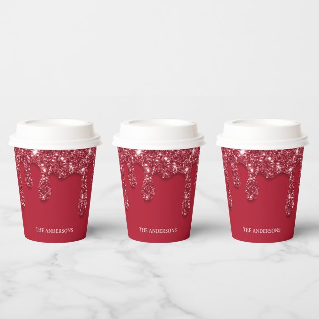 Custom Red Glitter Drip Name  Paper Cups (Multi)