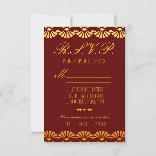 Custom Red & Gold Art Deco Style RSVP Cards (Front)