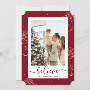 Custom Red Gold Photo Believe Christmas Cards