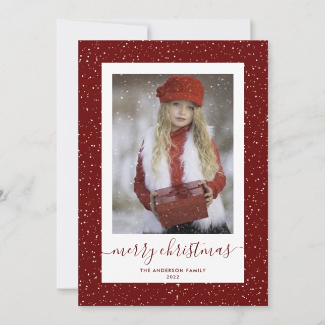 Custom Red Gold Snowy Photo Merry Christmas Cards (Front)