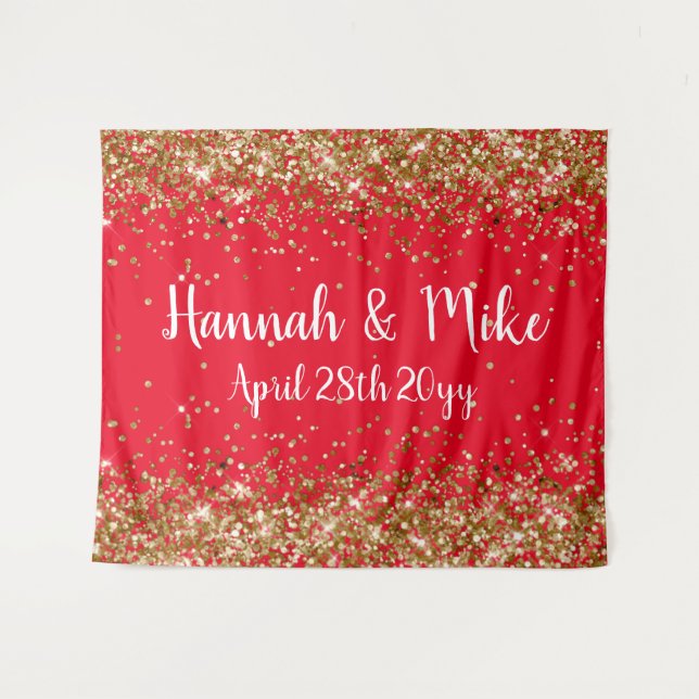 Custom Red Gold Wedding Backdrop Photo Booth Prop Tapestry (Front (Horizontal))