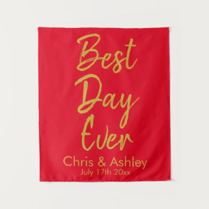 Custom Red & Gold Wedding Reception Best Day Ever Tapestry