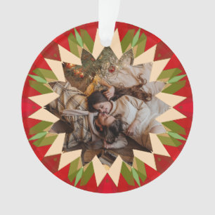 Custom Red Green Christmas Star Photo Gift Tree Ornament