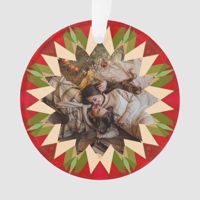 Custom Red Green Christmas Star Photo Gift Tree Ornament (Front)