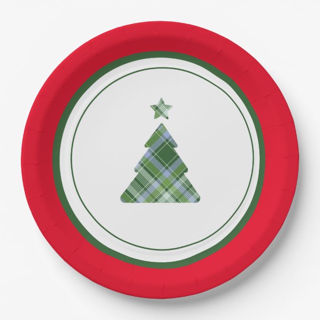 Custom Red & Green Christmas Tree Star Paper Plate (Front)