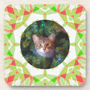 Custom Red Green Orange Merry Christmas Pet Photo Coaster