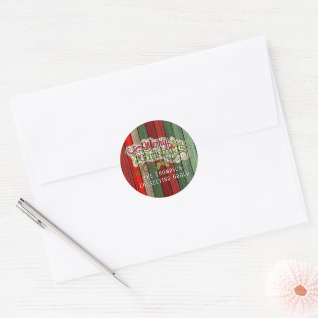 Custom Red Green Weathered Wooden Planks Pattern Classic Round Sticker (Envelope)