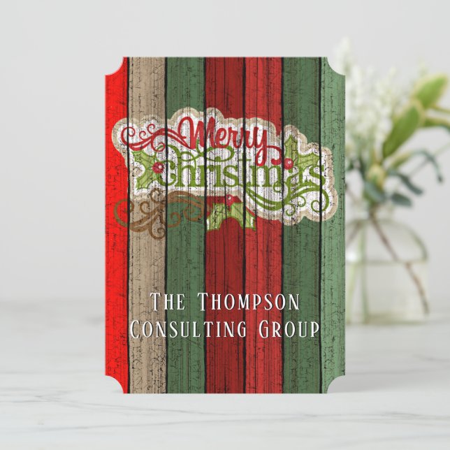 Custom Red Green Weathered Wooden Planks Pattern Holiday Card (Standing Front)