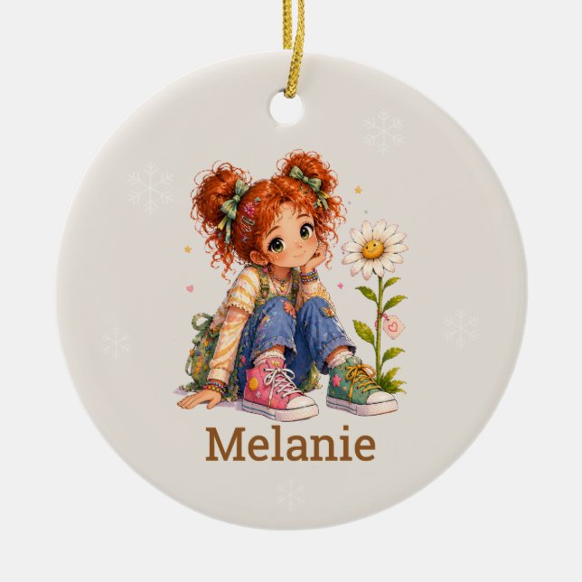 Custom Red Hair Girl Name Ceramic Tree Decoration (Front)