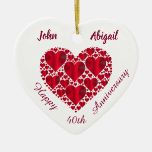 Custom. Red Hearts. Ruby Wedding Anniversary. Ceramic Tree Decoration