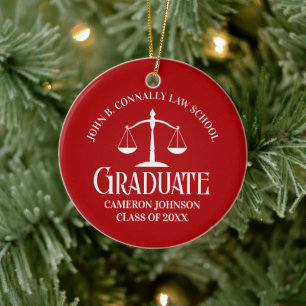 Custom Red Law School Graduate Photo Christmas Ceramic Tree Decoration