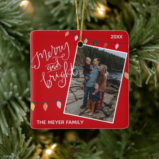 Custom Red Merry and Bright Christmas Lights Photo Ceramic Ornament (Tree)