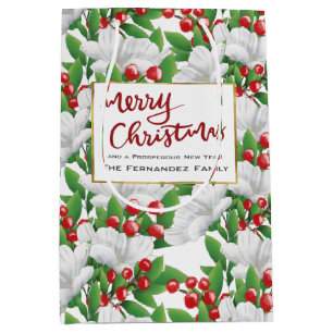 Custom Red Merry Christmas Winter Floral Medium Gift Bag
