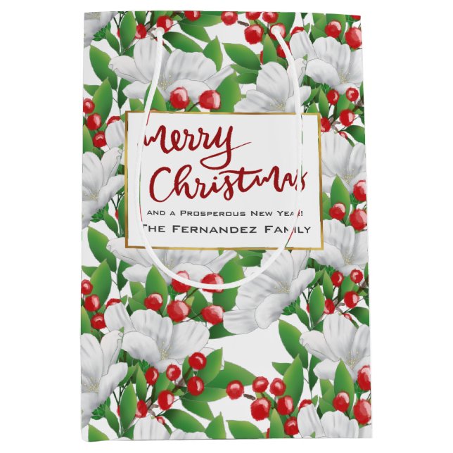 Custom Red Merry Christmas Winter Floral Medium Gift Bag (Front)