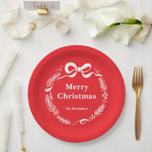 Custom Red Modern Hand Drawn Bow Merry Christmas Paper Plate