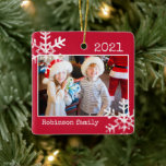 Custom Red Photo Border White Snowflakes Holiday Ceramic Ornament<br><div class="desc">Customise this ornament with your family photo and add your family name along with the year for this great Christmas keepsake.</div>