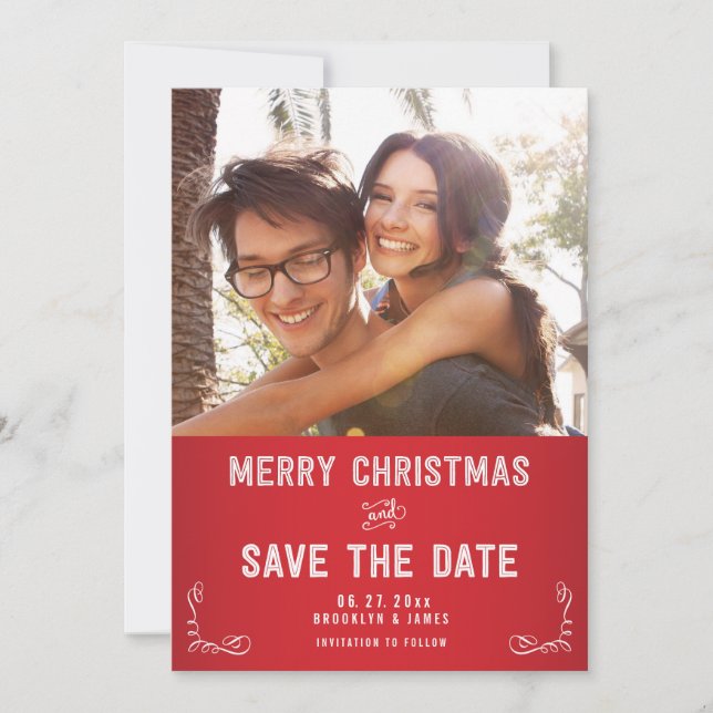 Custom Red Photo Save The Date Christmas Cards (Front)