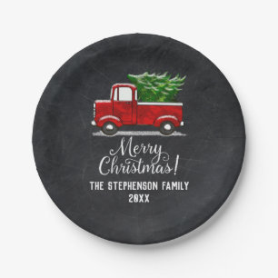 Custom Red Pickup Truck Tree Merry Christmas Paper Plate