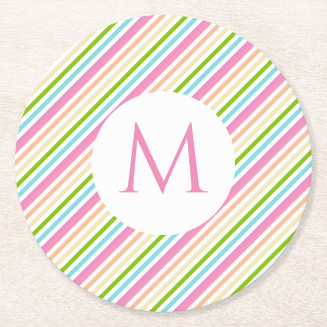 Custom Red Pink Yellow Blue Green White Stripes Round Paper Coaster (Front)