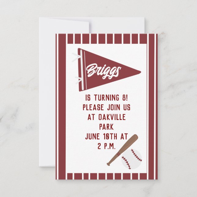 Custom red pinstripe baseball birthday invitation  (Front)