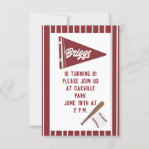 Custom red pinstripe baseball birthday invitation 