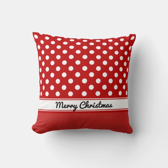 Custom Red Polka Dots Red Base Merry Christmas Cushion (Front)