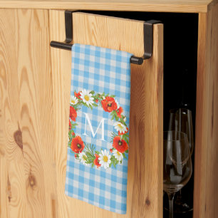 Custom Red Poppies White Yellow Daisies Wreath Tea Towel