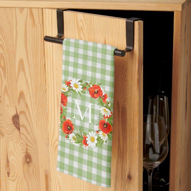 Custom Red Poppies White Yellow Daisies Wreath Tea Towel (Thirds Fold)