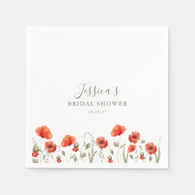 Custom Red Poppy Garden Floral Bridal Shower   Napkin (Front)