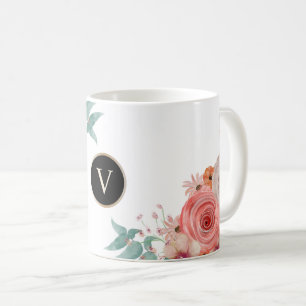 Custom red rose floral monogram coffee mug