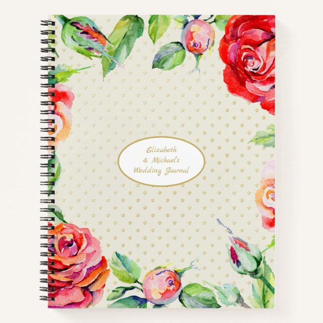 Custom Red Roses Gold Wedding Bridal Shower Chic Notebook (Front)