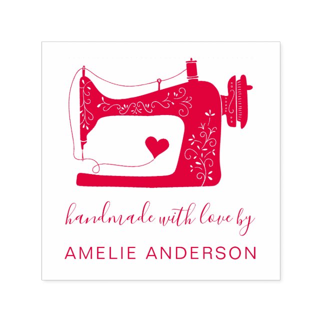 Custom Red Sewing Machine Handmade With Love Self-inking Stamp (Design)