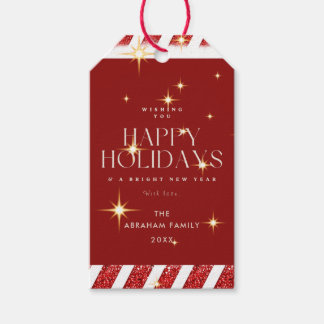 Custom Red Stripes Sparkling Happy Holidays  Gift Tags