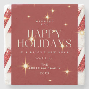 Custom Red Stripes Sparkling Happy Holidays Stone Coaster