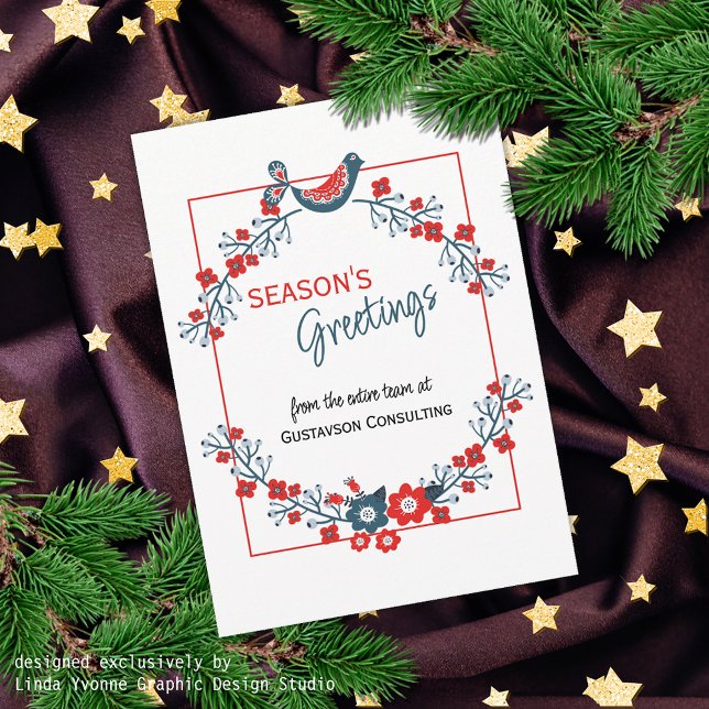 Custom Red Teal Blue Bird & Floral Folk Art Wreath Holiday Card (Creator Uploaded)